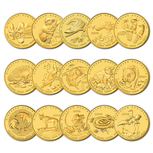 Collection of 15 gold coins from the Perth Mint Discover Australia 2006-2008 series featuring various Australian animals on a white background