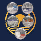2006 set of five silver coins from the Perth Mint Discover Australia 2006-2008 series with Australian landmarks on a blue background.