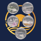 2008 set of five silver coins from the Perth Mint Discover Australia 2006-2008 series with Australian landmarks on a blue background.