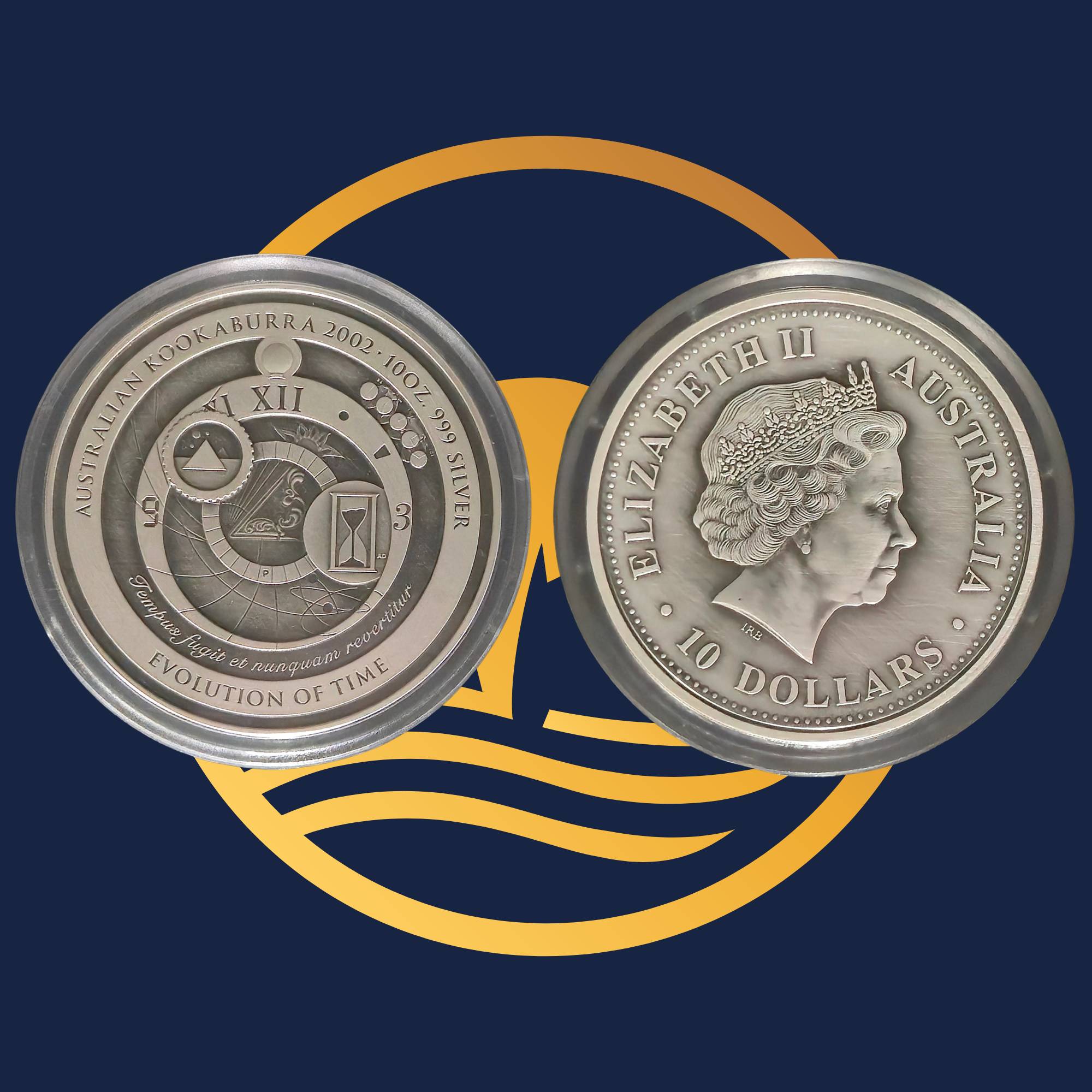 Perth Mint 2002 Evolution of Time coin reverse and obverse with engraved designs on a blue and yellow background