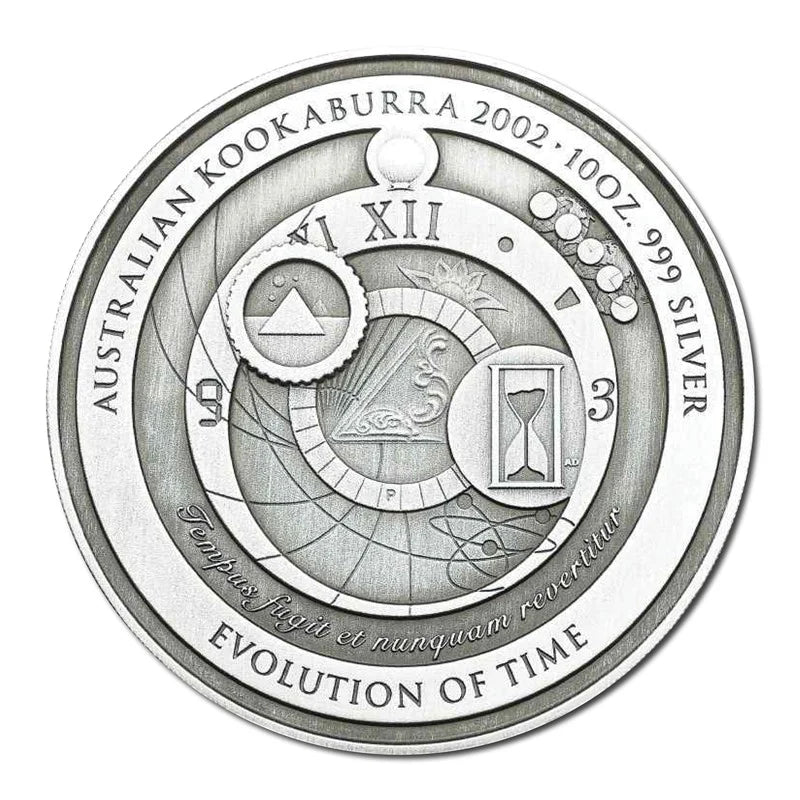 Perth Mint 2002 Evolution of Time silver coin reverse with intricate design and text, featuring the Australian Kookaburra 2002 on a white background.