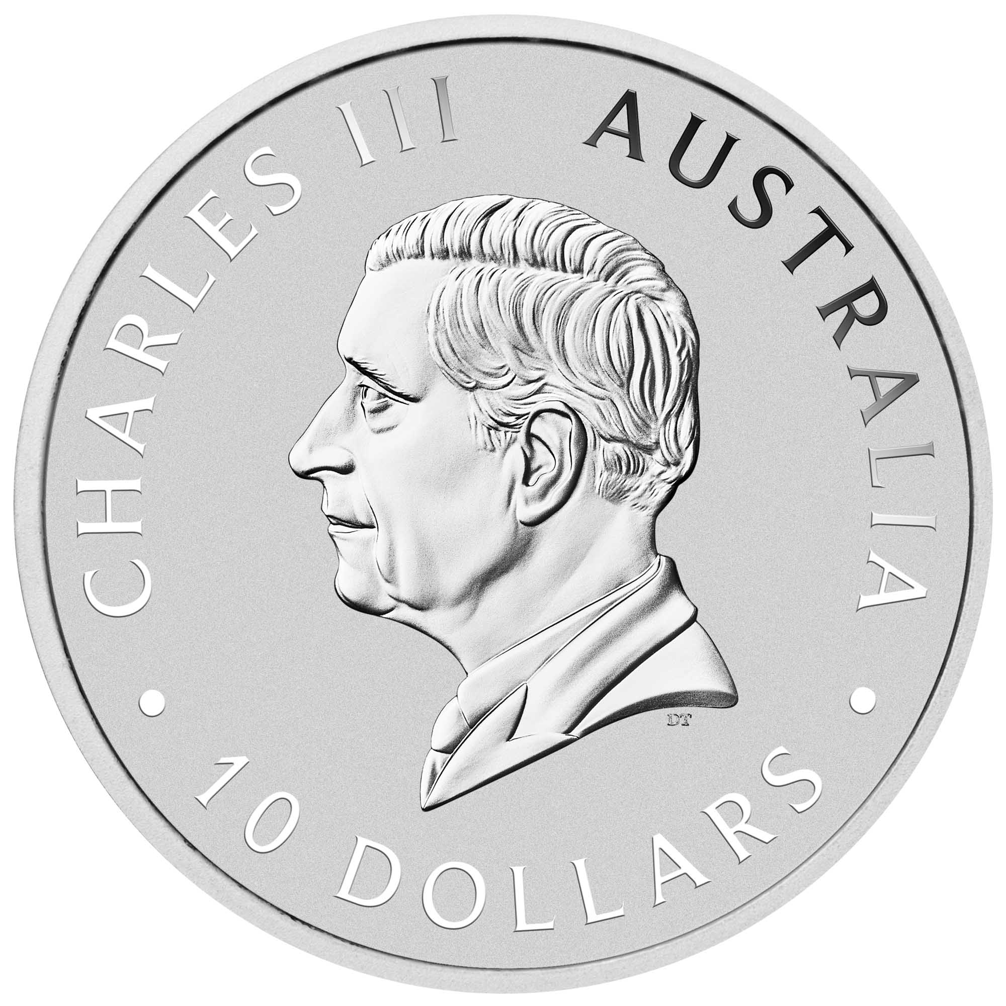 2025 Kookaburra 35th Anniversary silver bullion ten-ounce coin from The Perth Mint with a portrait of Charles III and text 'Australia 10 Dollars'.