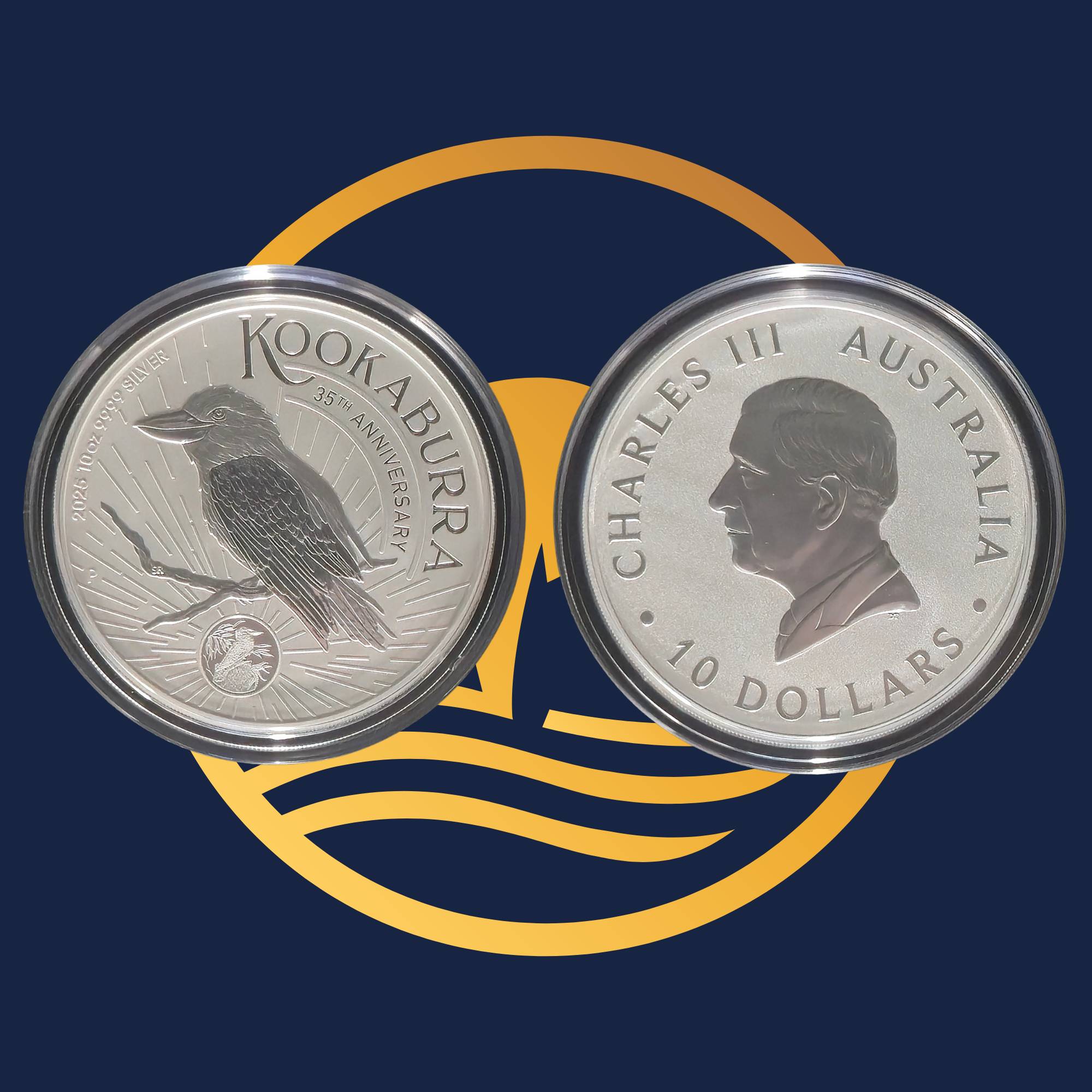 2025 Kookaburra 35th Anniversary silver bullion ten-ounce coin from The Perth Mint  reverse and obverse with a Kookaburra design and a portrait on a blue and yellow background.