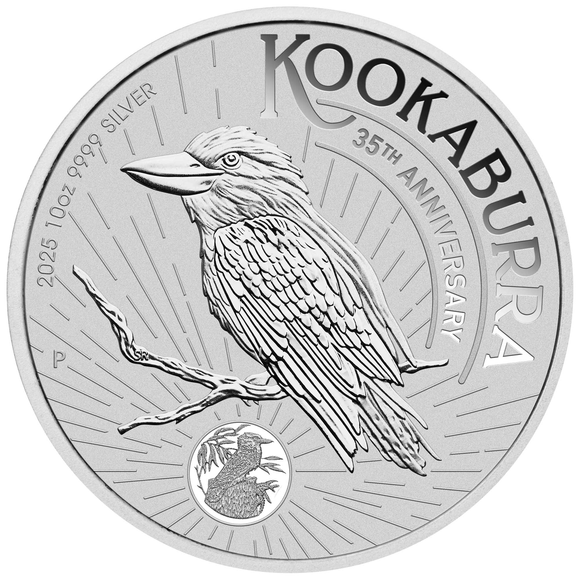 2025 Kookaburra 35th Anniversary silver bullion ten-ounce coin from The Perth Mint featuring a Kookaburra design with text indicating 35th anniversary and silver content.