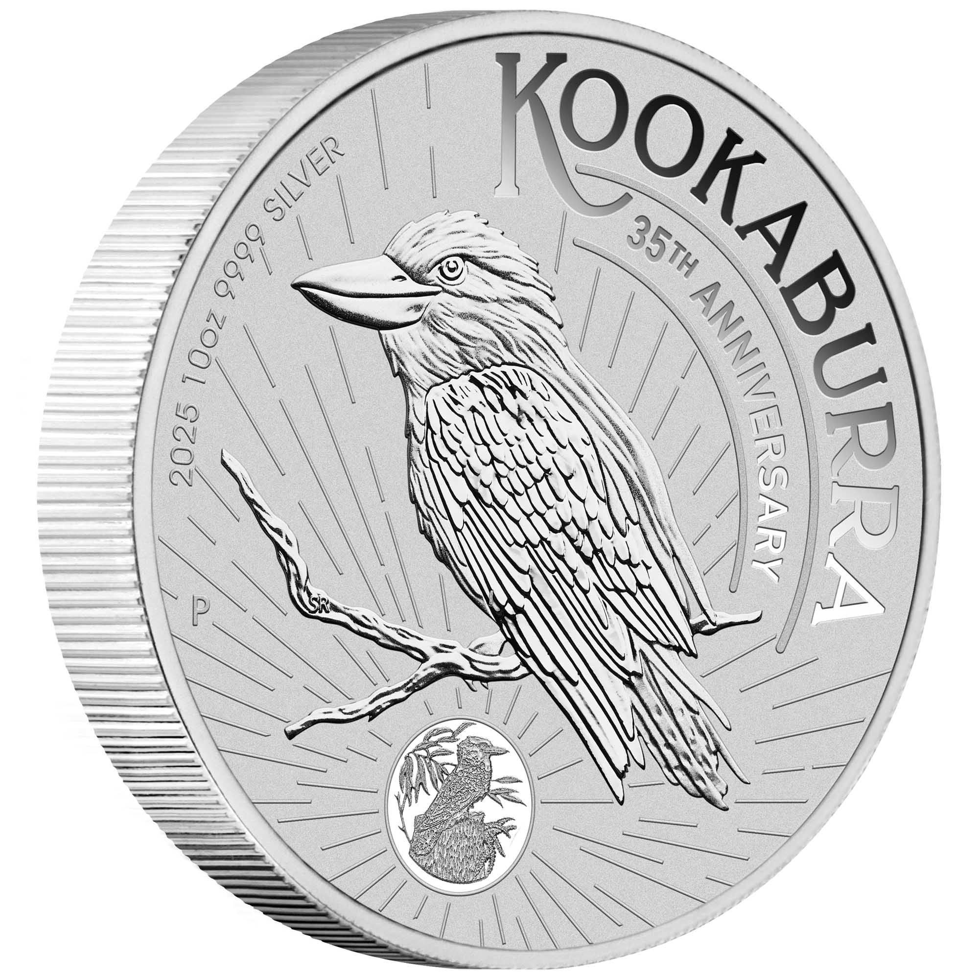 2025 Kookaburra 35th Anniversary silver bullion ten-ounce coin from The Perth Mint Kookaburra coin with detailed design on a white background