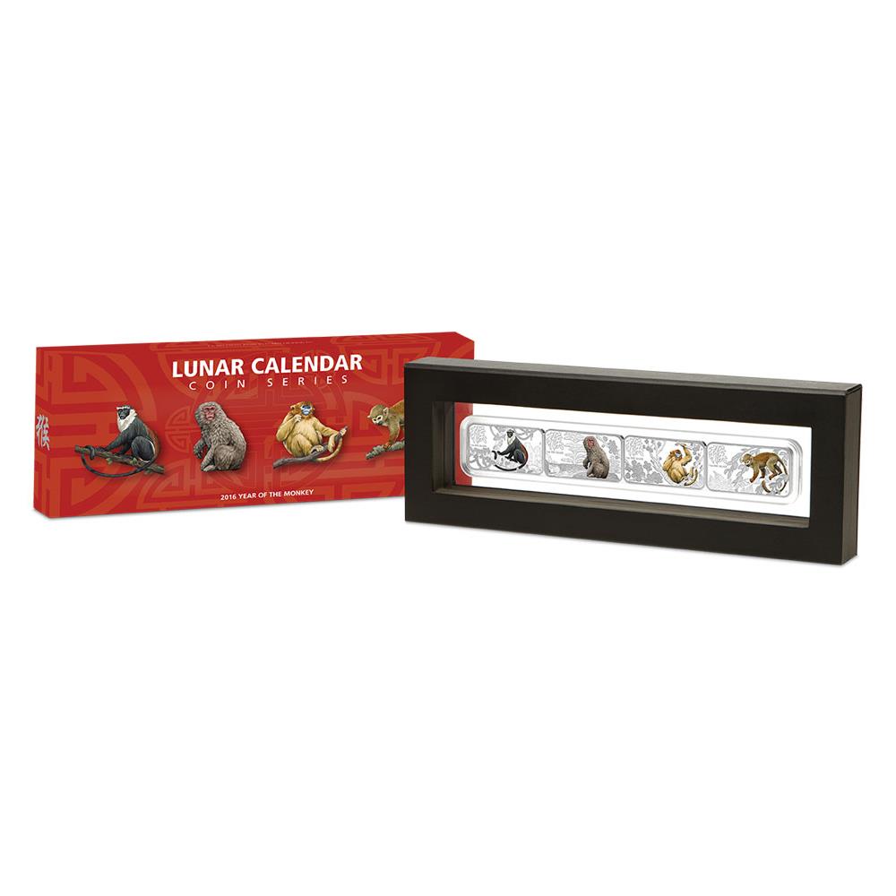 2016 Lunar Calendar Series Year of the Monkey Silver Four Rectangular Coin Set from The Perth Mint, Lunar Calendar coin series packaging with a display case on a white background