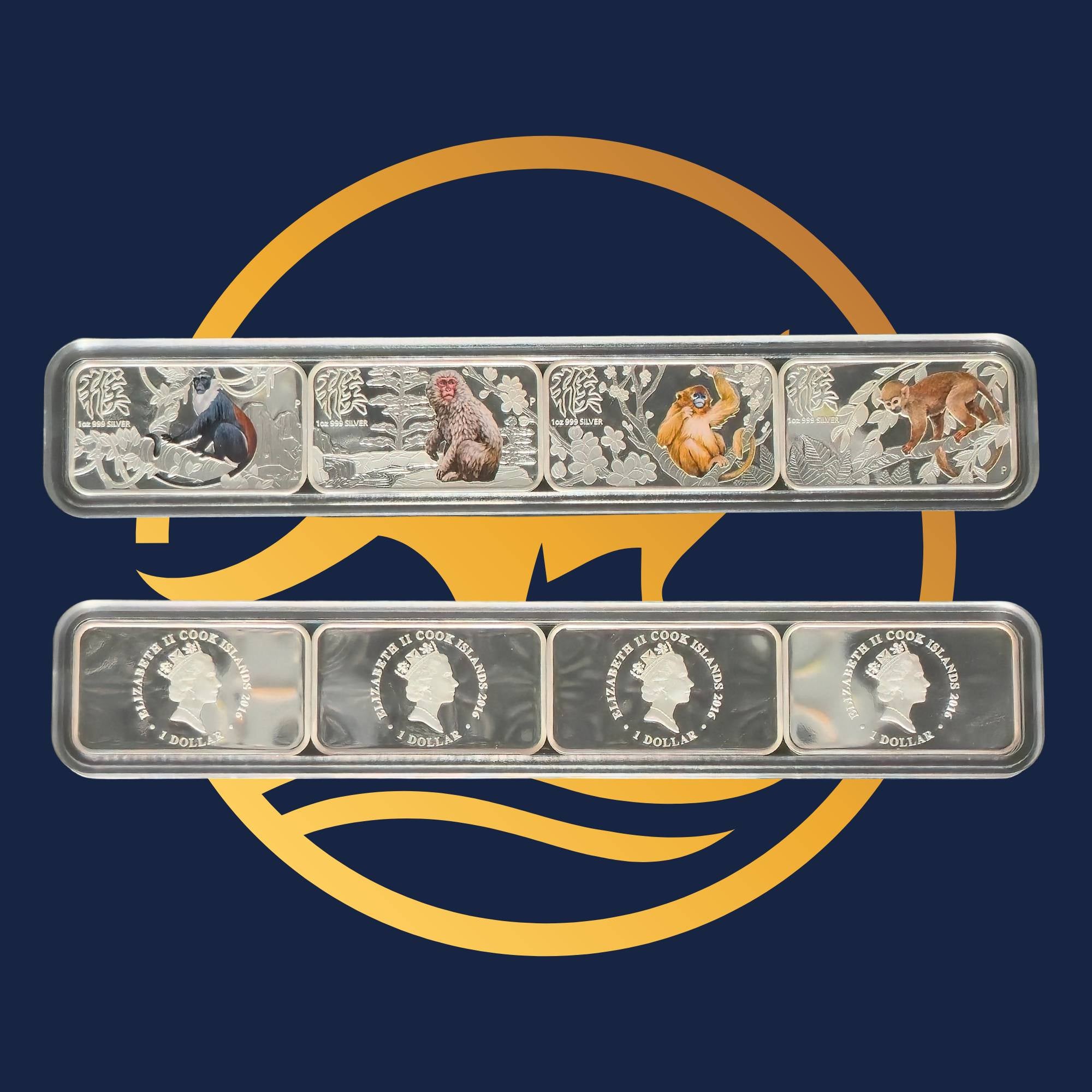 2016 Lunar Calendar Series Year of the Monkey Silver Four Rectangular Coin Set from The Perth Mint, reverse and obverse with animal and portrait designs on a blue background