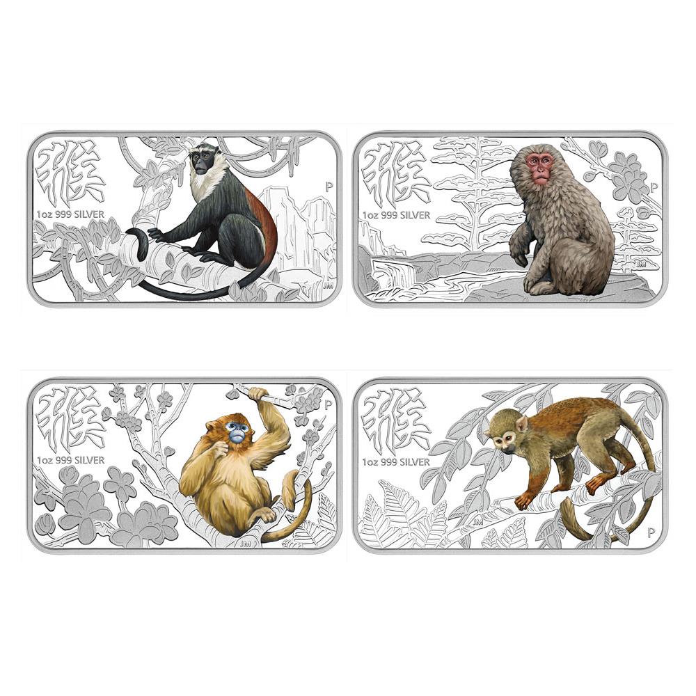 2016 Lunar Calendar Series Year of the Monkey Silver Four Rectangular Coin Set from The Perth Mint, four silver monkey coins with different monkey species on a white background