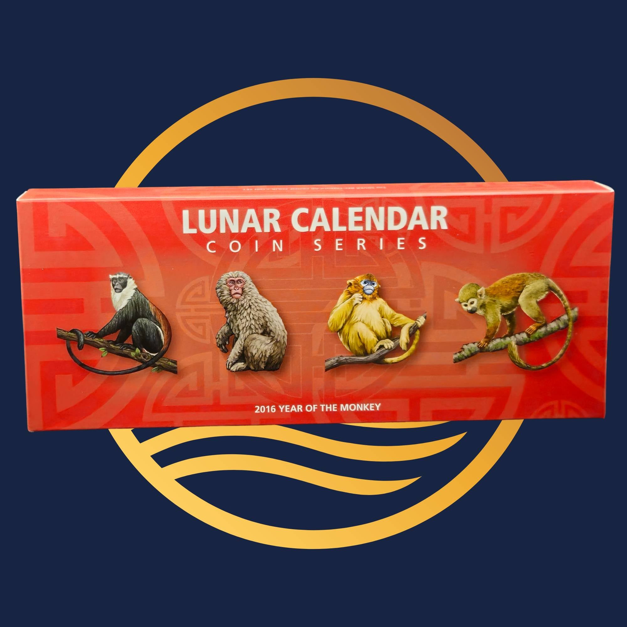 2016 Lunar Calendar Series Year of the Monkey Silver Four Rectangular Coin Set from The Perth Mint, box for Lunar Calendar Coin Series with monkey illustrations on a blue background