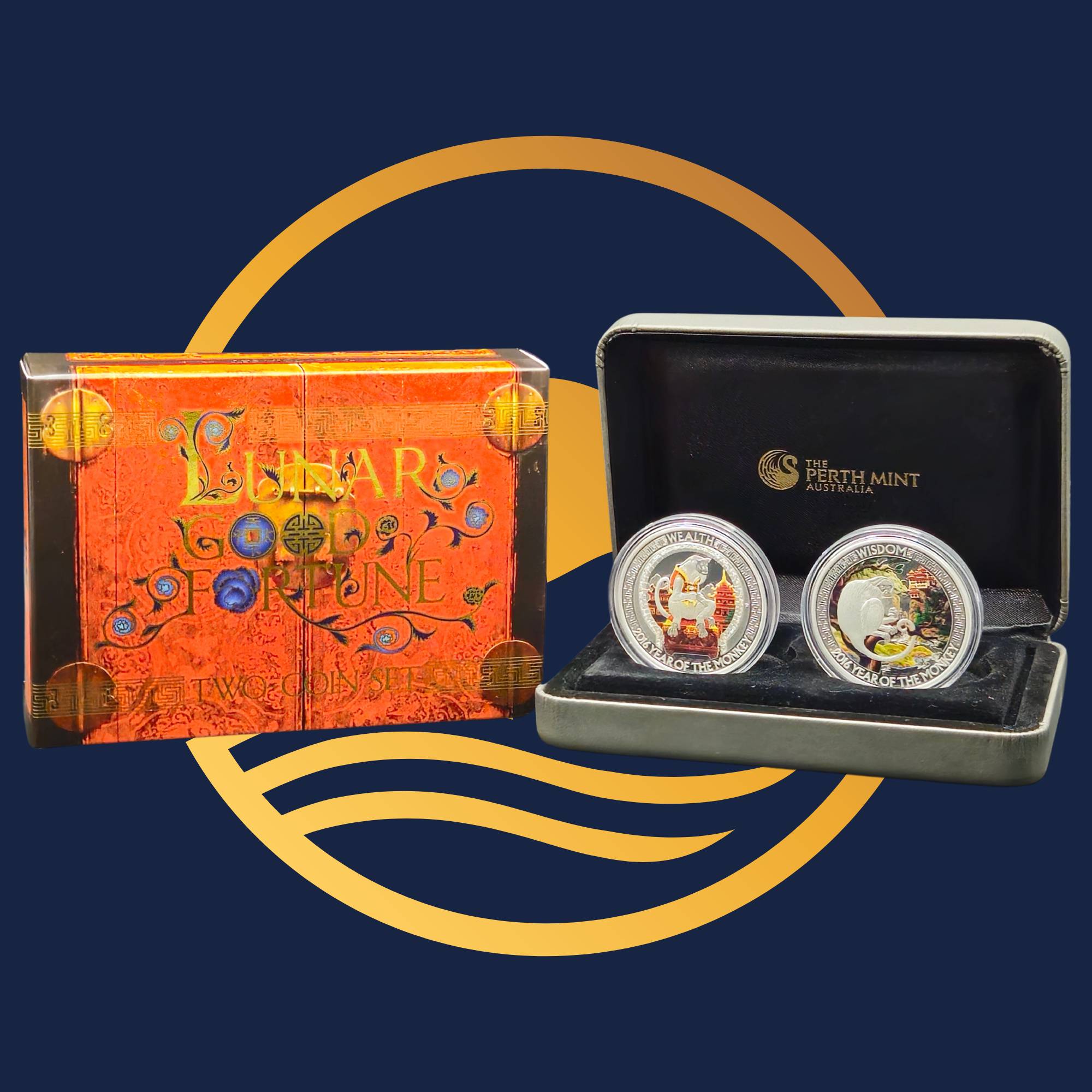 2016 Lunar Good Fortune Silver Two-Coin Set from The Perth Mint, coins in a display case with an orange box labelled 'Lunar Fortune' on a blue background.