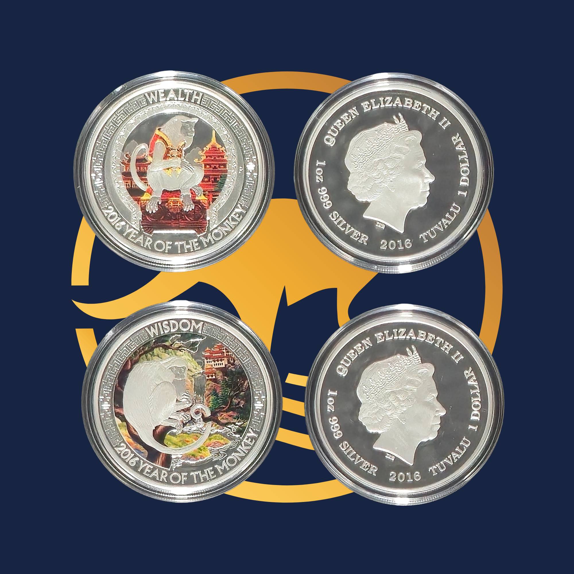 2016 Lunar Good Fortune Silver Two-Coin Set from The Perth Mint, reverse and obverse coins with different designs and text on a blue and orange background