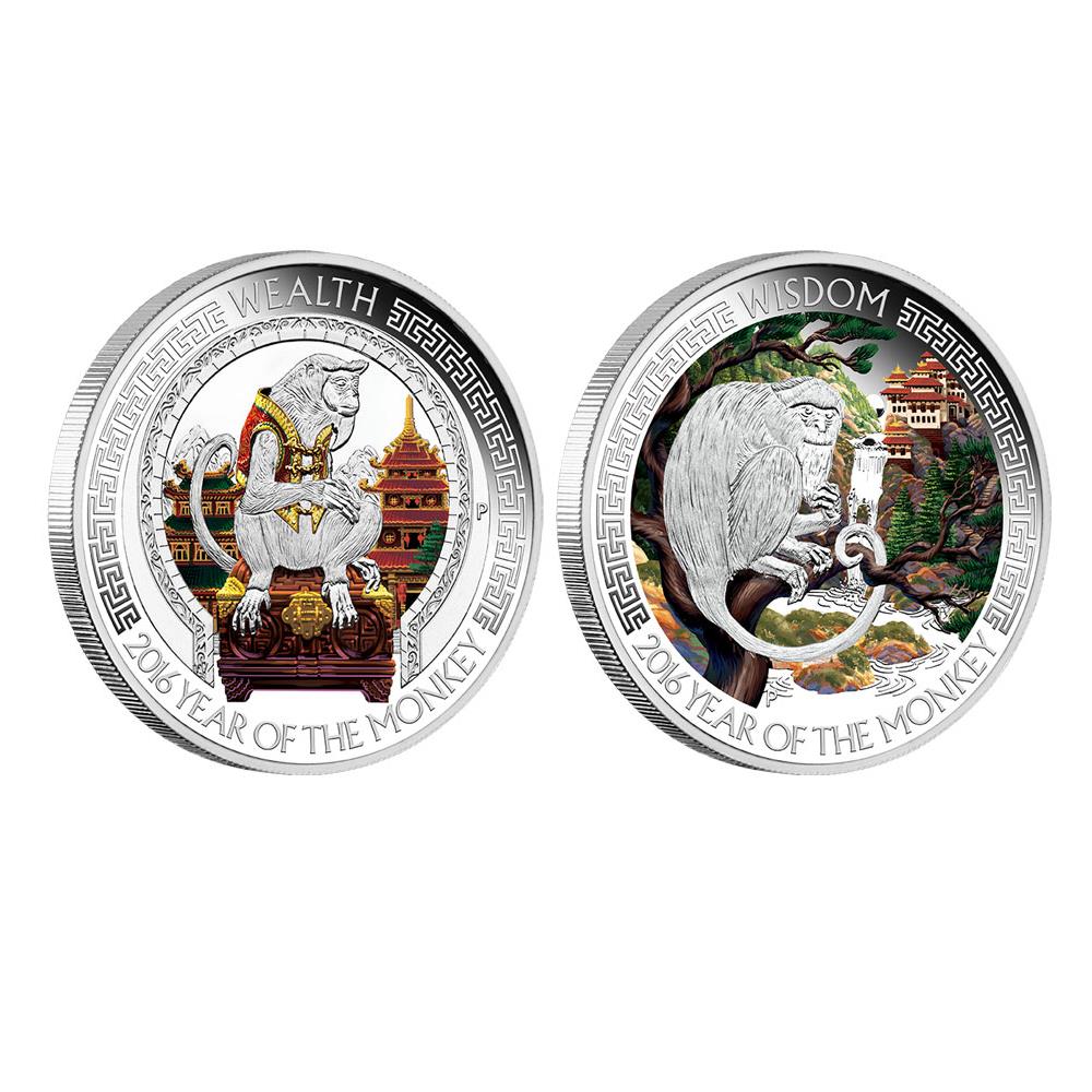 2016 Lunar Good Fortune Silver Two-Coin Set from The Perth Mint, two coins from 2016, one titled 'Wealth' and the other 'Wisdom', featuring images of a monkey and a temple.
