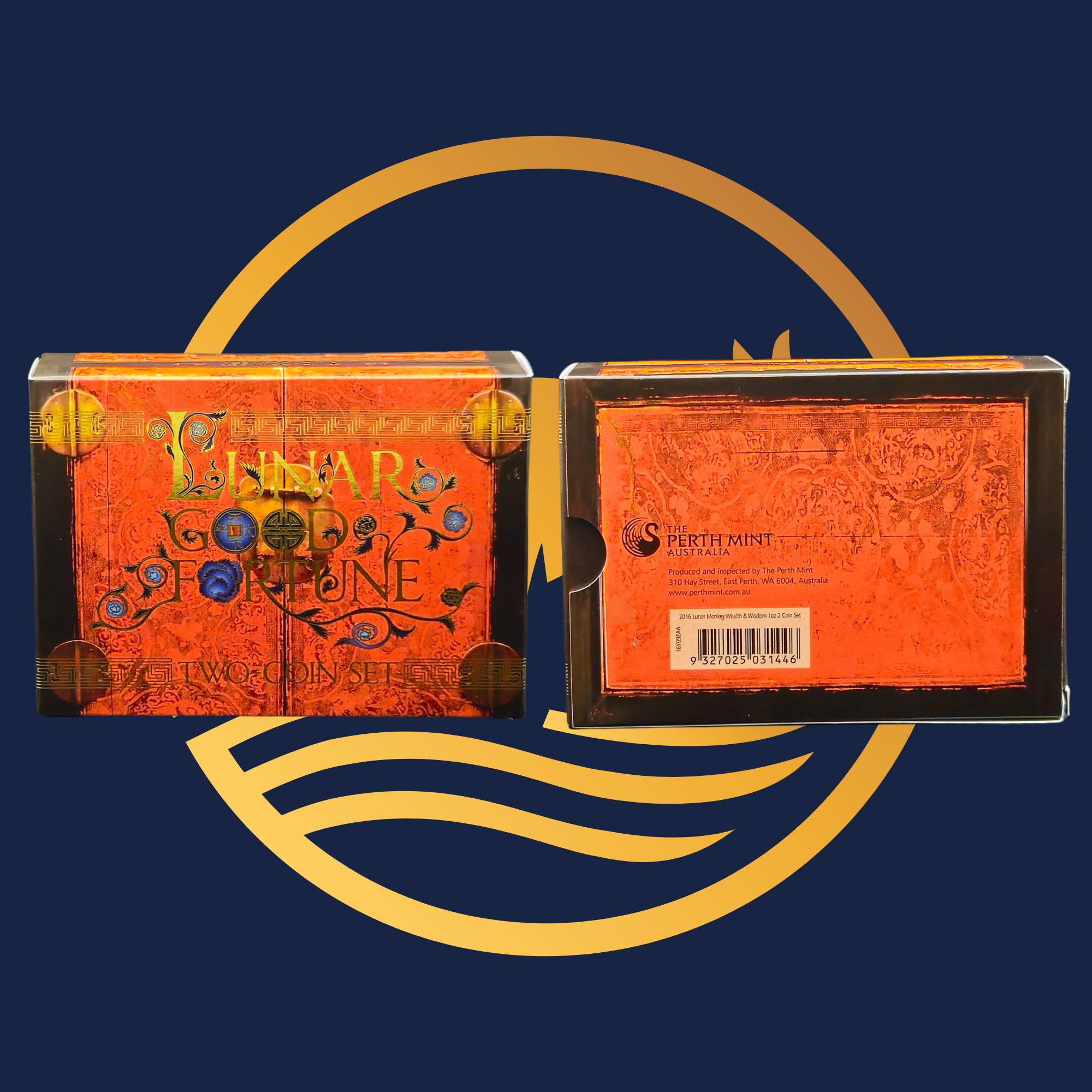 2016 Lunar Good Fortune Silver Two-Coin Set from The Perth Mint, box with text and graphics on a blue background