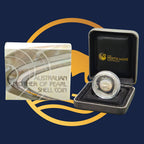 Perth Mint 2015 silver coin in a display case with packaging labelled 'Australian Mother of Pearl Shell Coin' and 'The Perth Mint'.