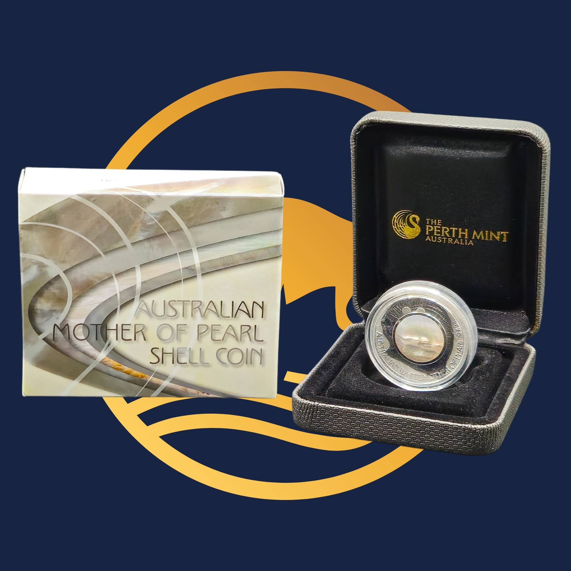 Perth Mint 2015 silver coin in a display case with packaging labelled 'Australian Mother of Pearl Shell Coin' and 'The Perth Mint'.
