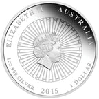 Perth Mint 2015 silver coin with a profile of a monarch and text indicating 'Australia' and 'Elizabeth II'.