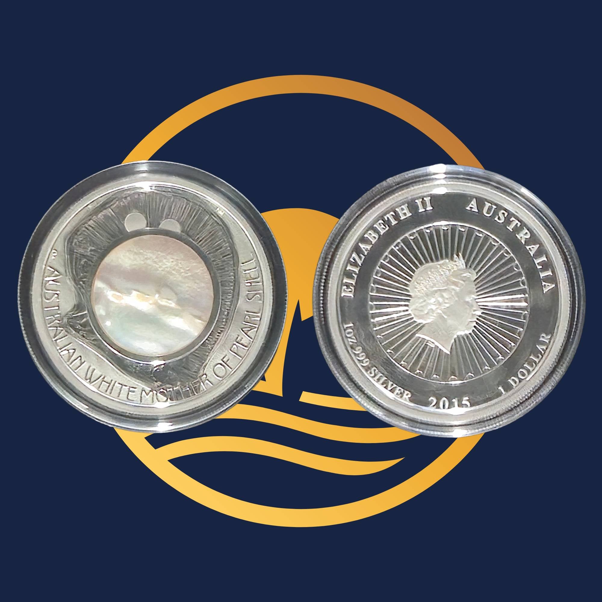 Perth Mint 2015 Mother of Pearl silver coin reverse and obverse with engraved text on a blue background