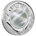 Perth Mint 2015 Mother of Pearl silver coin with a central pearl-like design and engraved text on a white background