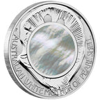 Perth Mint 2015 Mother of Pearl silver coin with a central pearl-like design and engraved text on a white background