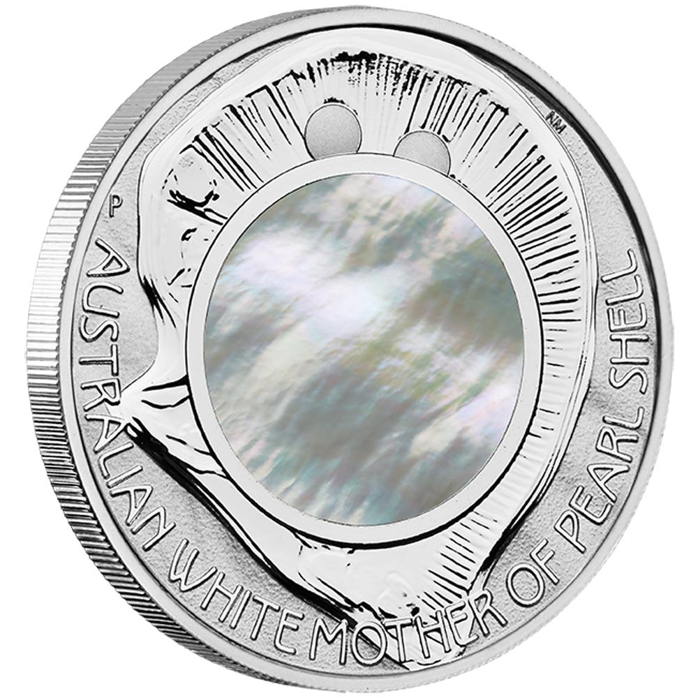 Perth Mint 2015 Mother of Pearl silver coin with a central pearl-like design and engraved text on a white background