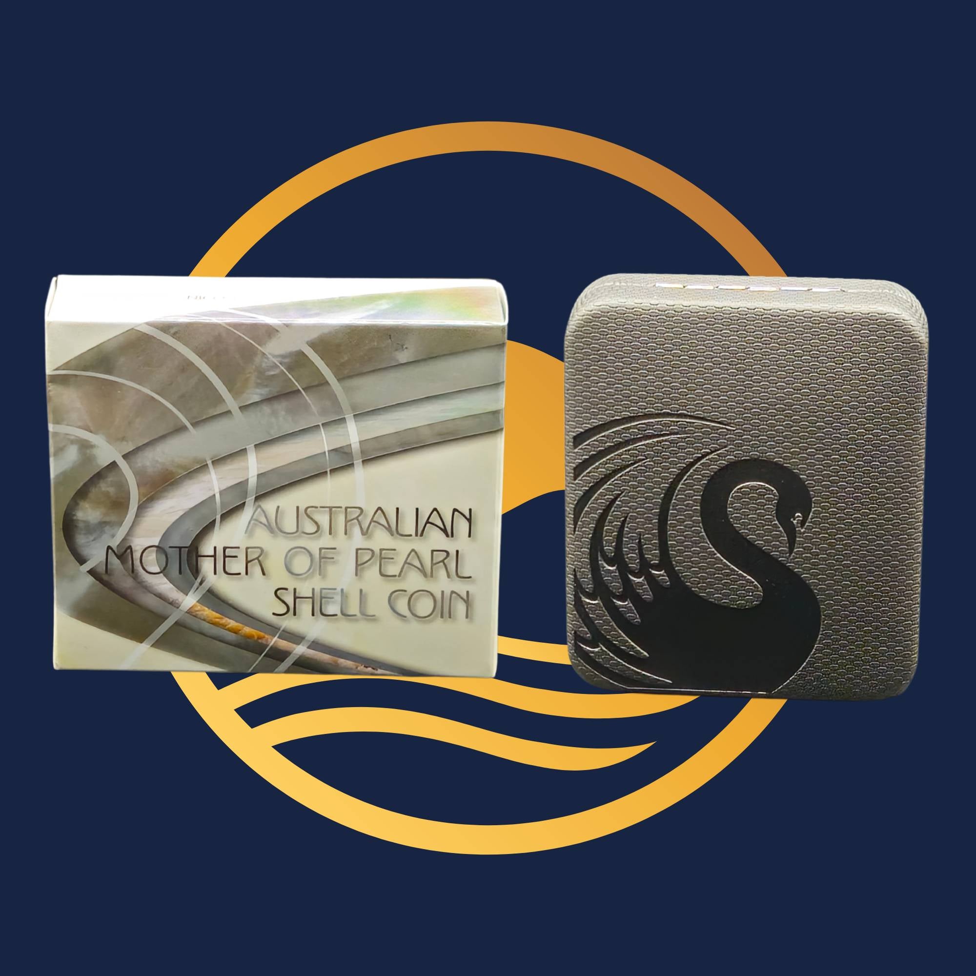 Perth Mint 2015: two packaging boxes for an Australian Mother-of-Pearl Shell Coin on a blue background with a gold circle.
