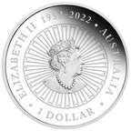 Silver coin commemorating Elizabeth II's reign with text and a portrait on a white background