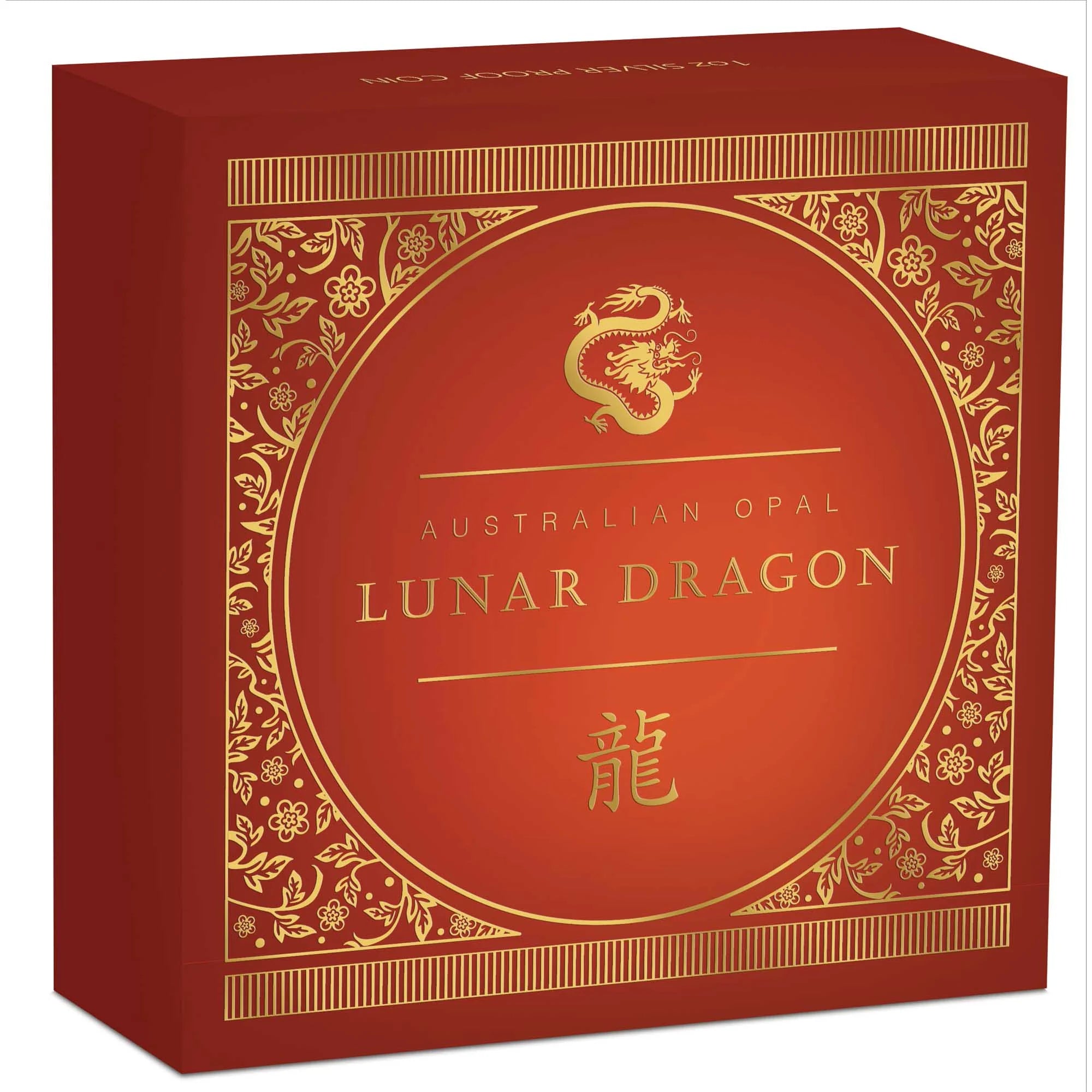 Red and gold box with 'Australian Opal Lunar Dragon' text on a white background