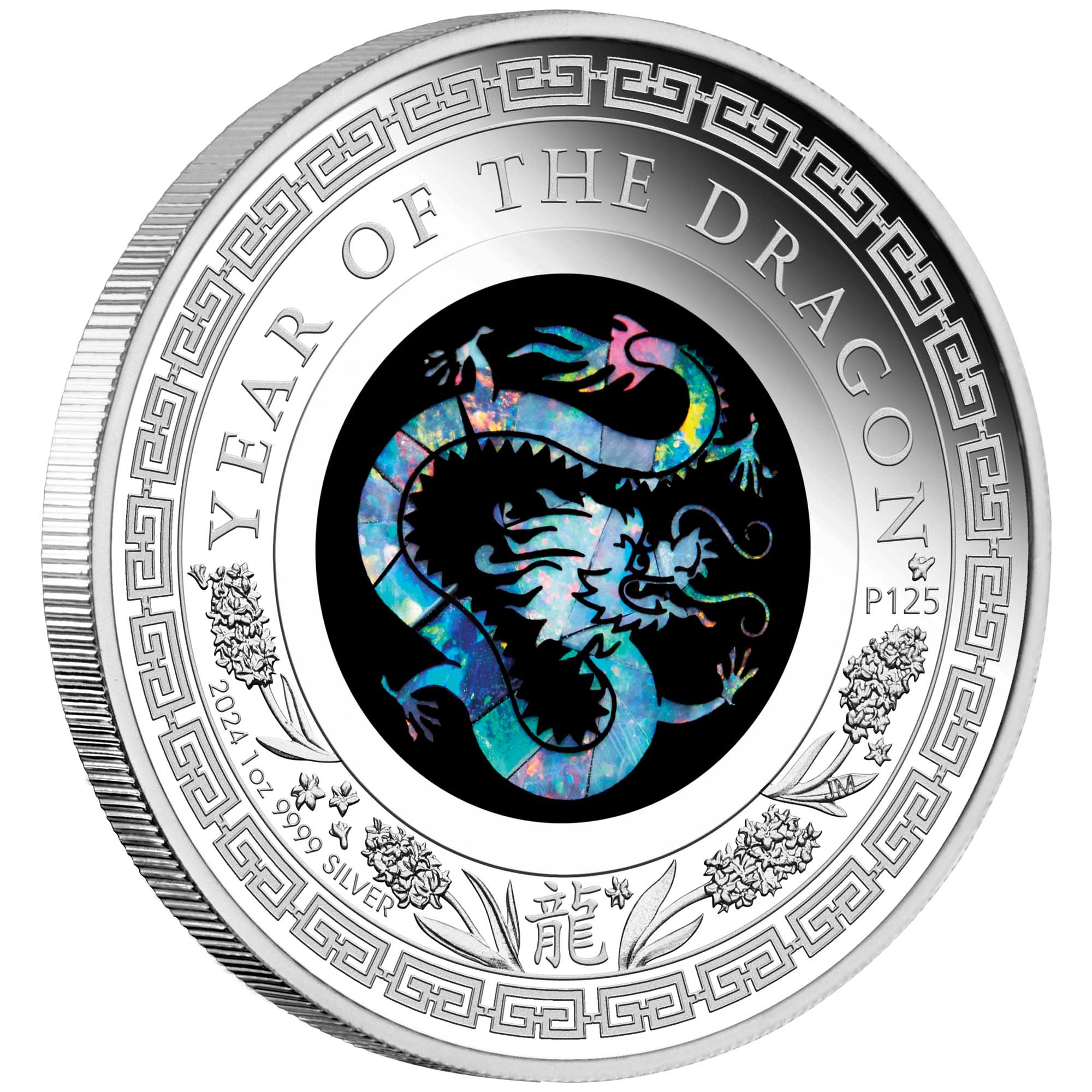 Silver coin with a dragon design and 'Year of the Dragon' text on a white background