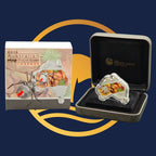 Perth Mint 2015  silver coin shaped like a redback spider in a display case with packaging on a blue and yellow background