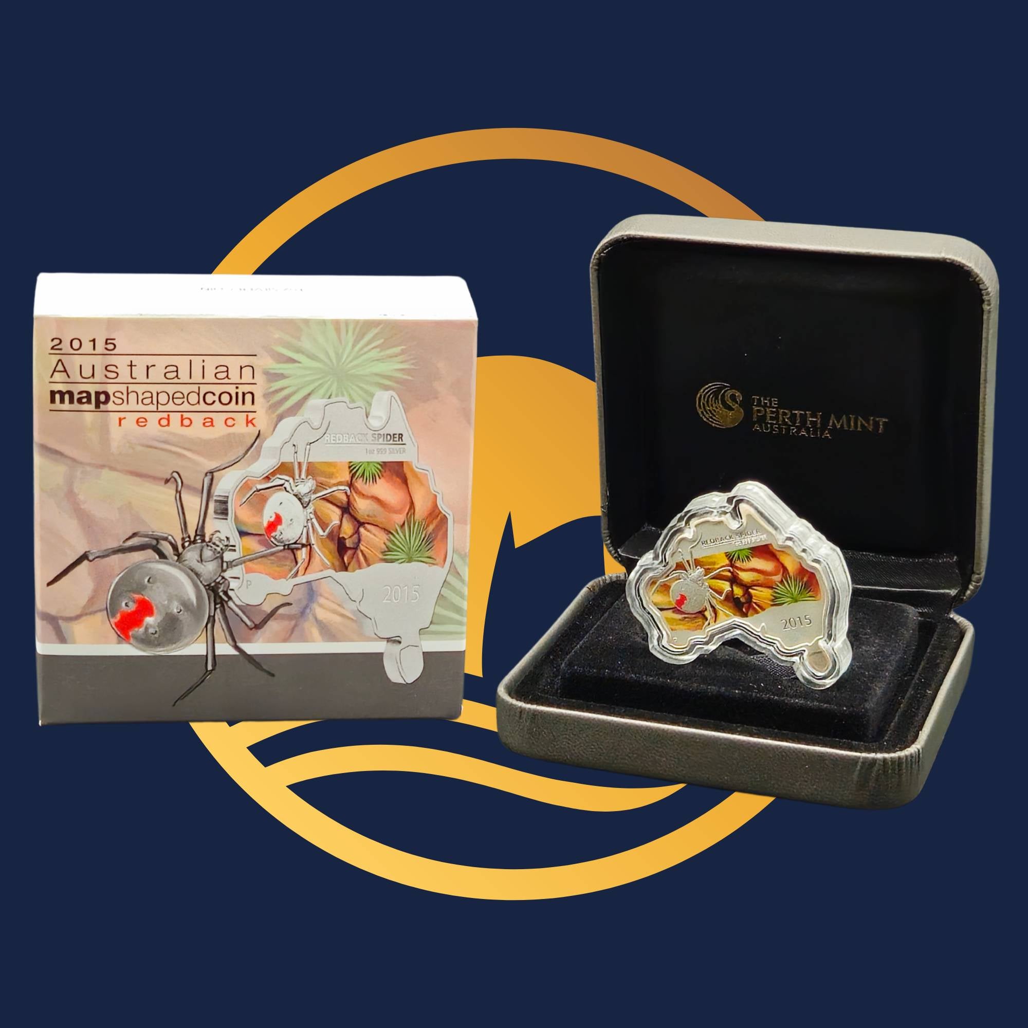Perth Mint 2015  silver coin shaped like a redback spider in a display case with packaging on a blue and yellow background