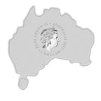 Perth Mint 2015 silver coin shaped like Australia with a portrait of Elizabeth II