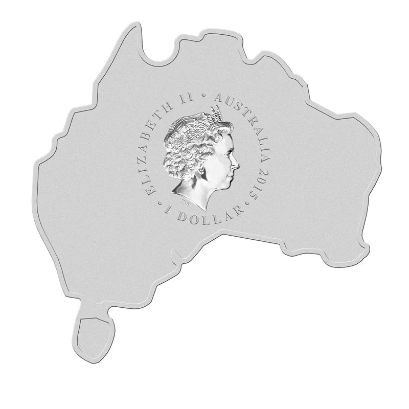 Perth Mint 2015 silver coin shaped like Australia with a portrait of Elizabeth II