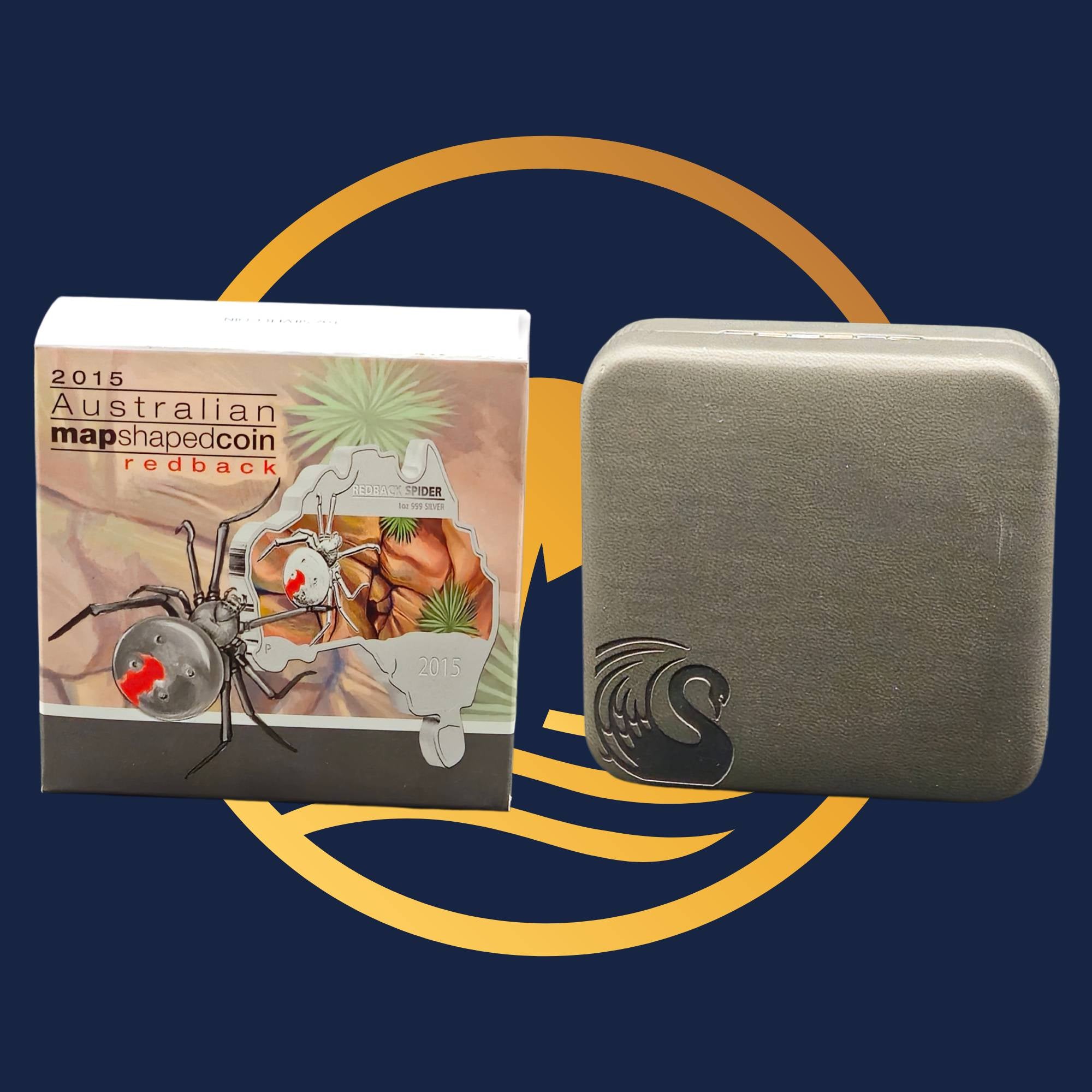 Perth Mint 2015 silver coin and packaging with a spider design on a blue and yellow background