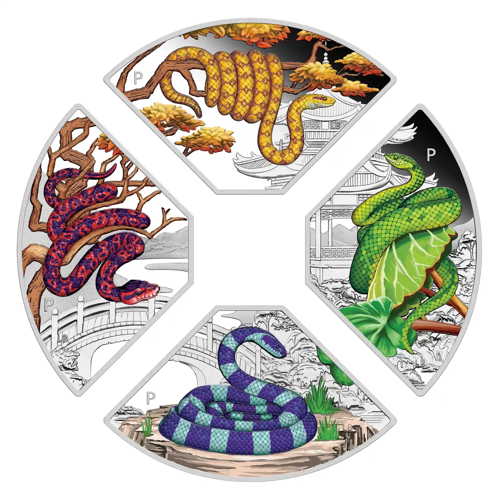 2025 snake quadrant silver proof coloured one ounce from the Perth Mint, four colourful snake coins arranged in a circular pattern on a white background.