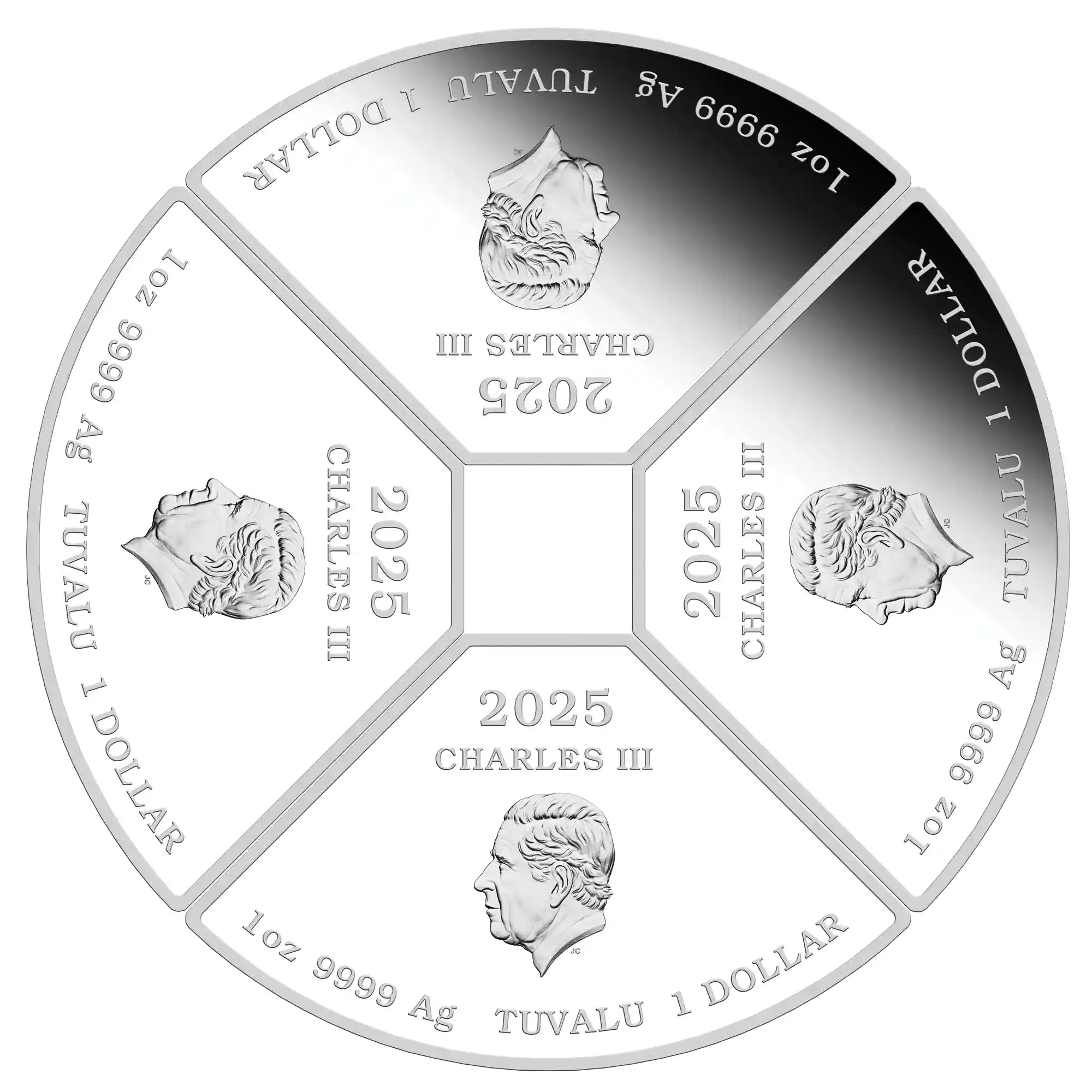 2025 snake quadrant silver proof coloured one ounce from the Perth Mint silver coin with multiple faces and text, featuring the year 2025 and the name 'Charles III'.