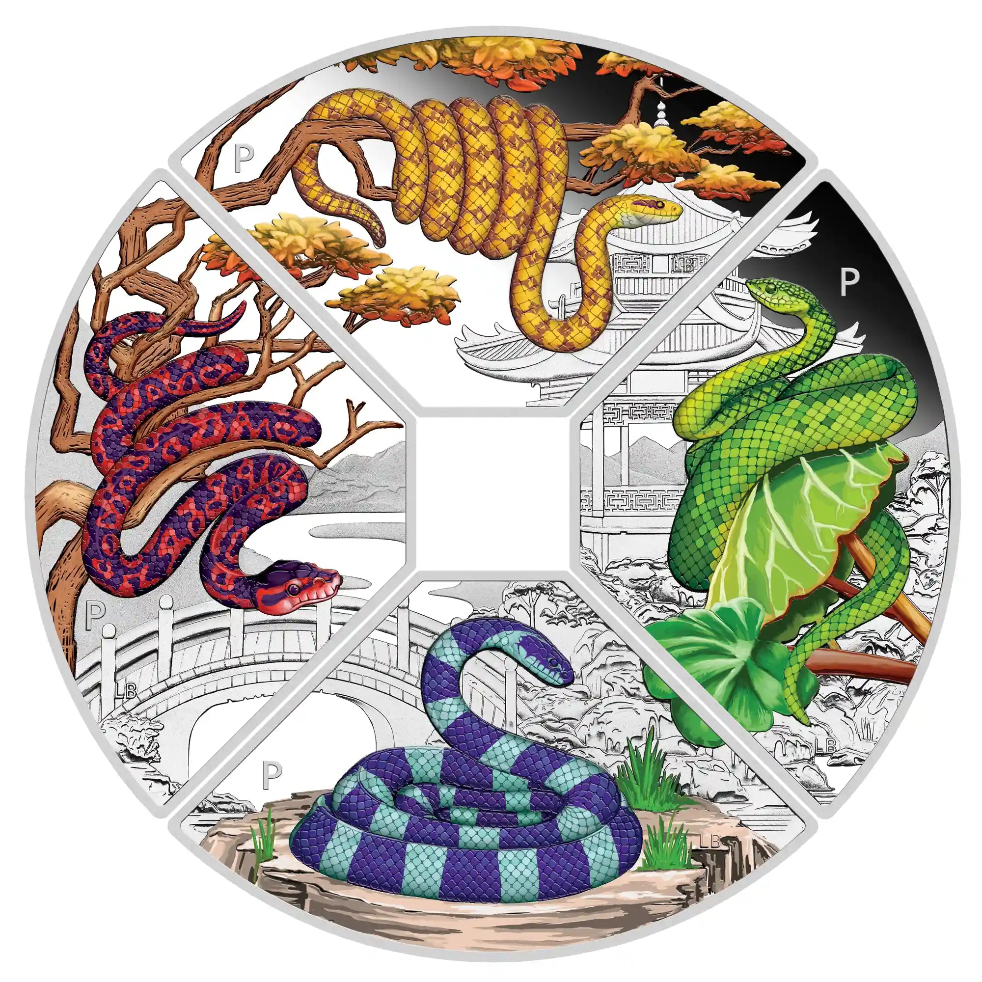 2025 snake quadrant silver proof coloured one ounce from the Perth Mint colorful snake illustration on a circular design with traditional elements