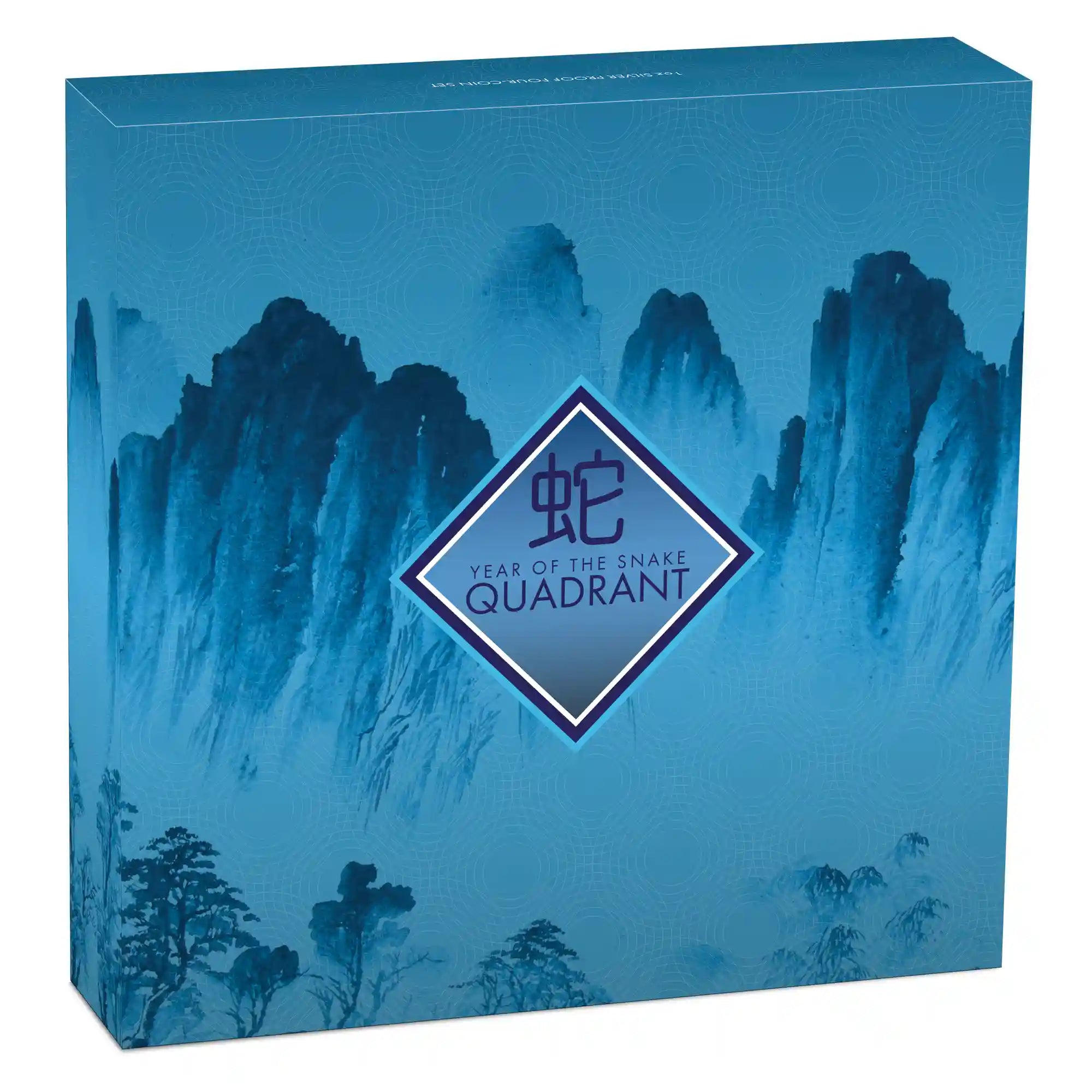2025 snake quadrant silver proof coloured one ounce from the Perth Mint blue box with mountain design and 'Year of the Snake Quadrant' logo