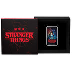 2026 Stranger Things Season One one-ounce silver coloured rectangular coin from The Perth Mint, box with 'Netflix Stranger Things' branding.