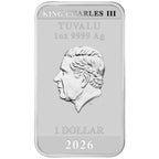 2026 Stranger Things Season One one-ounce silver coloured rectangular coin from The Perth Mint, with King Charles III's portrait and product details on a white background