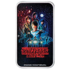 2026 Stranger Things Season One one-ounce silver coloured rectangular coin from The Perth Mint, coin with 'Stranger Things' design featuring characters and title.