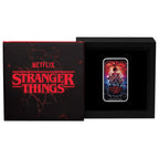 2026 Stranger Things Season Two one-ounce silver coloured rectangular coin from The Perth Mint, box with 'Netflix Stranger Things' branding and a smaller inset image of a character.