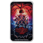 2026 Stranger Things Season Two one-ounce silver coloured rectangular coin from The Perth Mint, with 'Stranger Things' design featuring characters and logo.