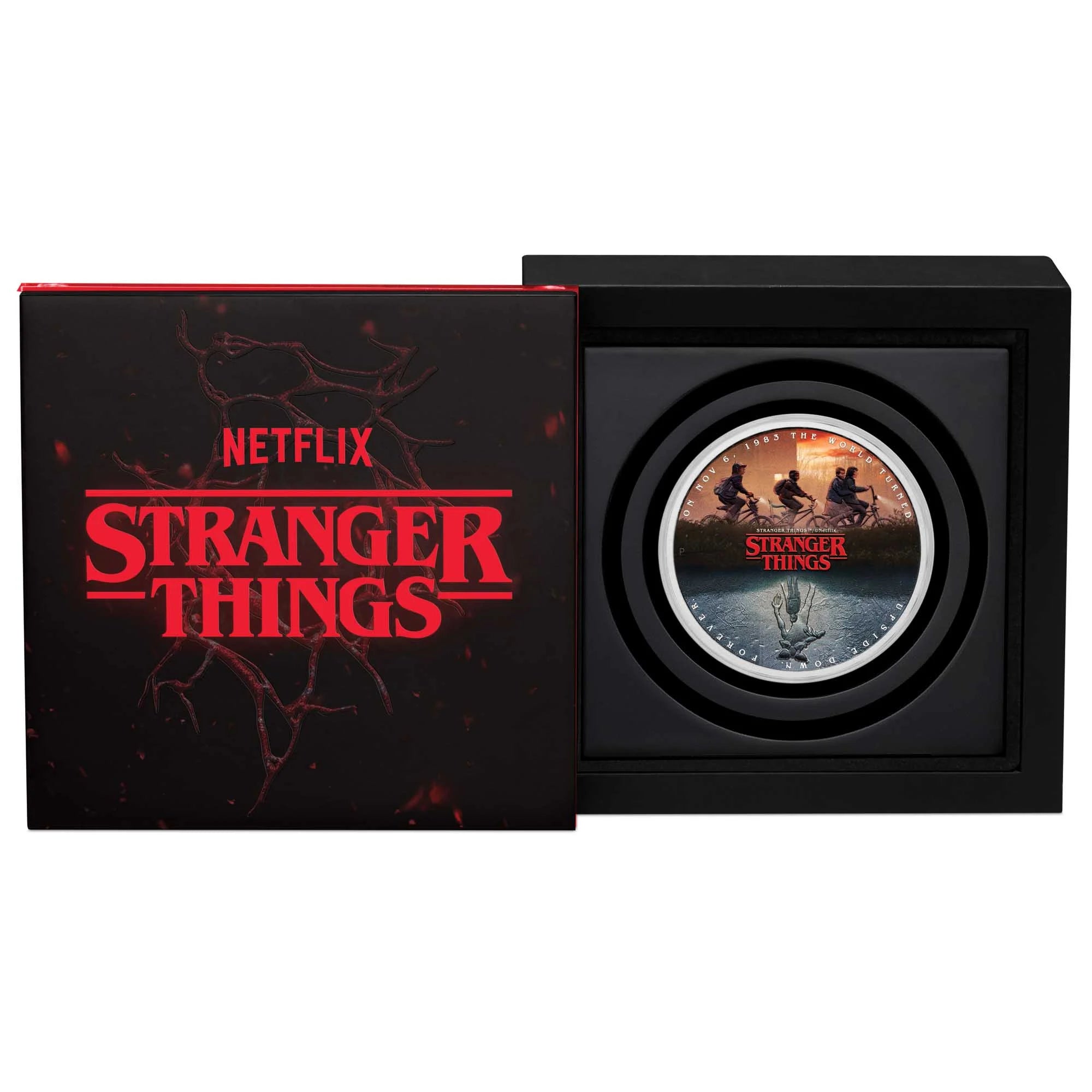2026 Stranger Things The Upside Down one-ounce silver coloured coin from The Perth Mint, collectible coin in a black box with red text