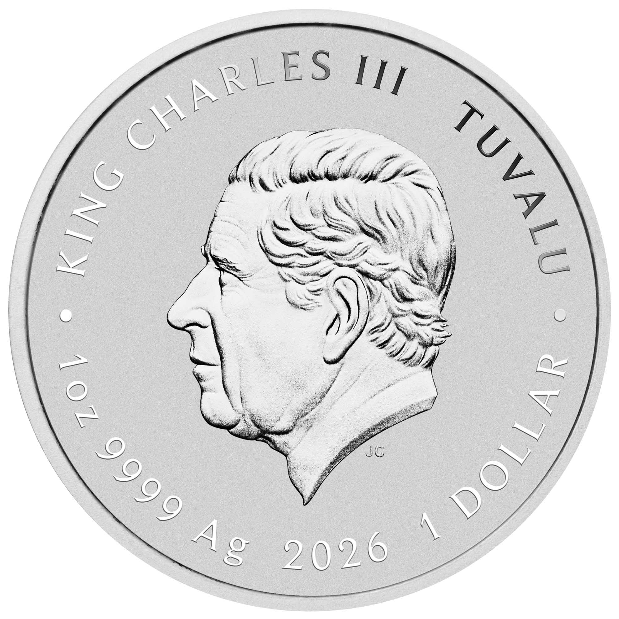 2026 Stranger Things The Upside Down one-ounce silver coloured coin from The Perth Mint, with King Charles III's profile and text indicating Tuvalu and year of issue.