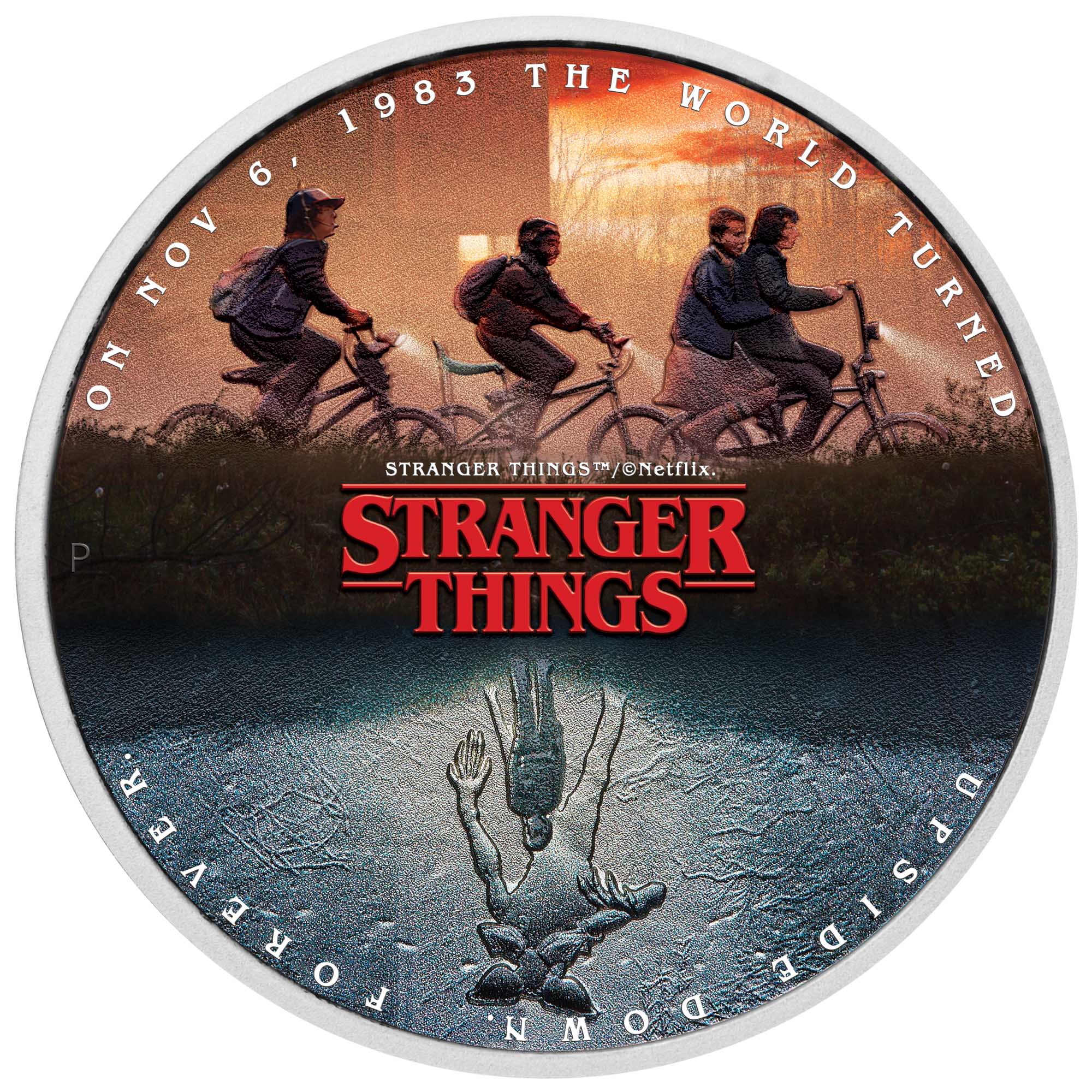 2026 Stranger Things The Upside Down one-ounce silver coloured coin from The Perth Mint, round 'Stranger Things' coin with characters on bikes and text