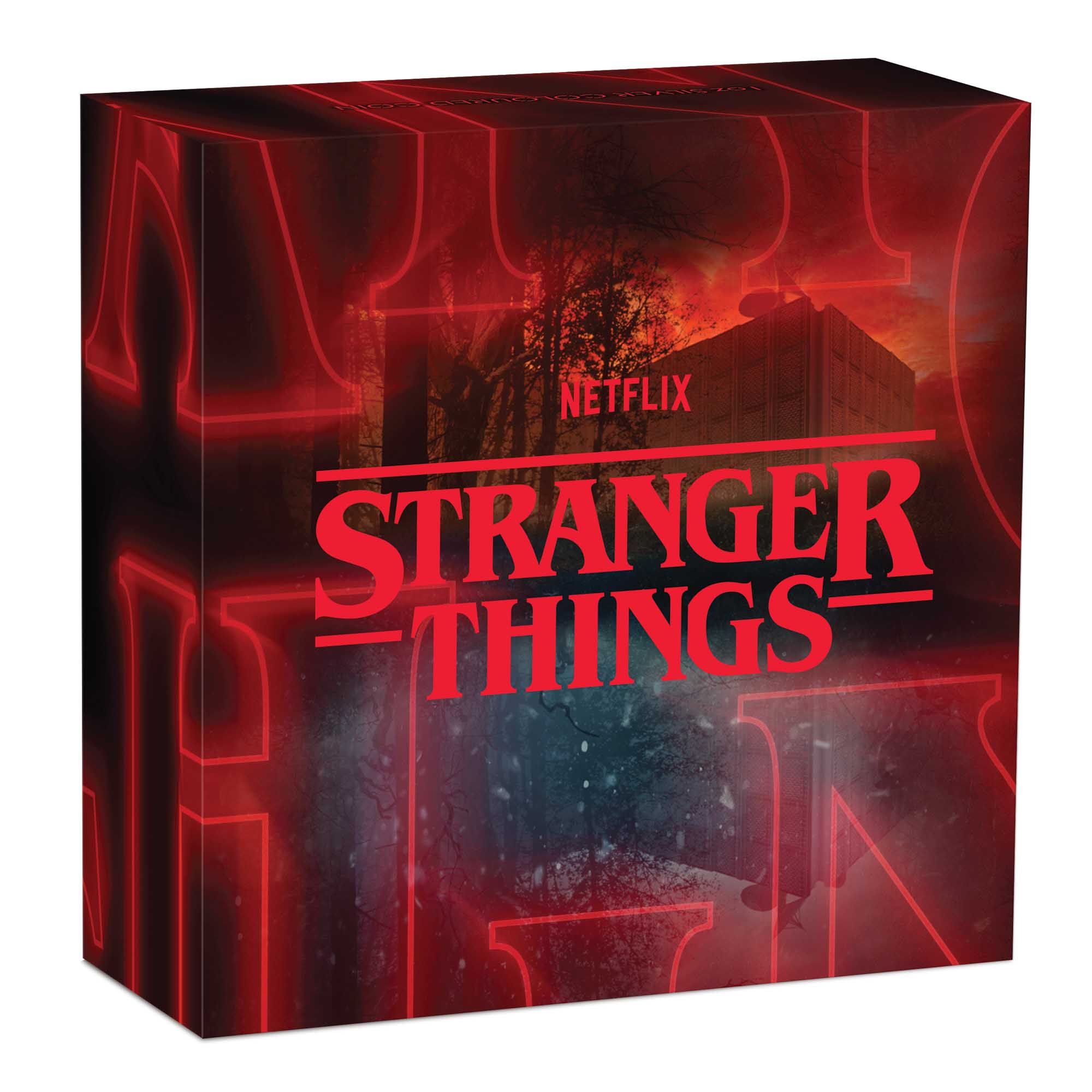 2026 Stranger Things The Upside Down one-ounce silver coloured coin from The Perth Mint, Stranger Things Netflix box set with red and black design