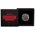 2026 Stranger Things The Villains two-ounce silver antiqued coin from The Perth Mint, black box with a collectible coin featuring Vecna and demogorgans