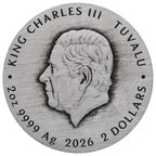 2026 Stranger Things The Villains two-ounce silver antiqued coin from The Perth Mint, with King Charles III's profile and text details