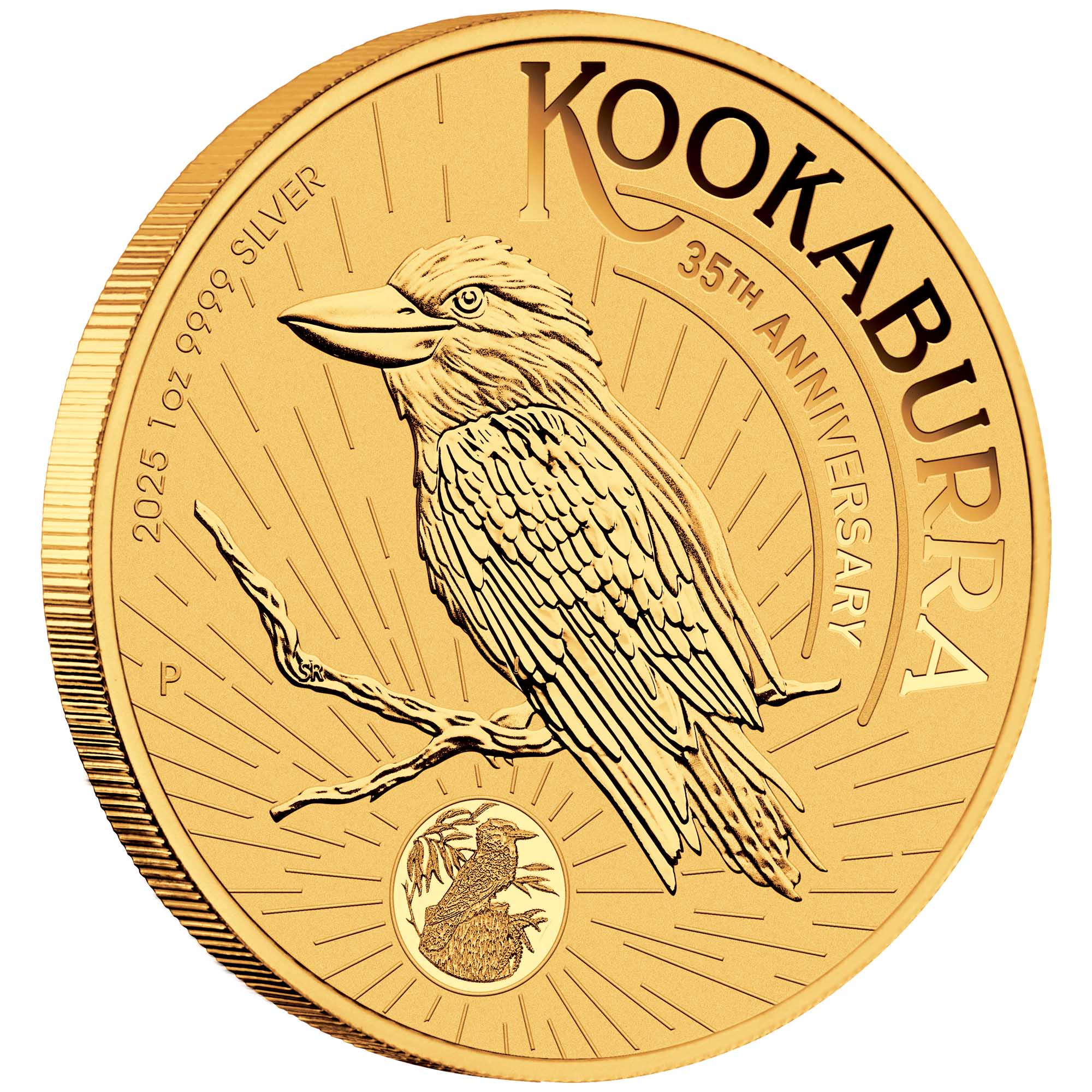 Coin featuring a kookaburra design with 'Kookaburra' text and '35th Anniversary' on a white background.