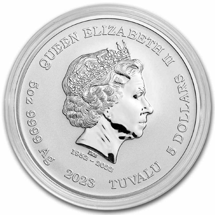 2023 Black Flag The Fancy silver bullion five-ounce coin from The Perth Mint  with Queen Elizabeth II's portrait and text